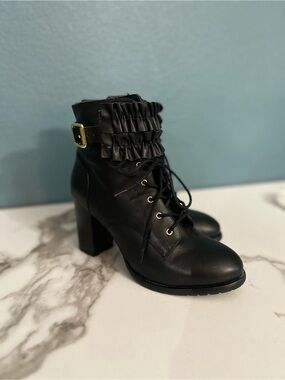 Betsey Johnson Black Ruffle Lace-Up Block Heel Ankle Boots